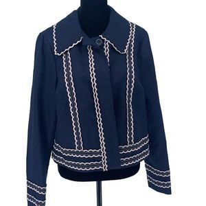 Boden Womens Blazer Jacket Scallop Trim Embroidered Long Sleeve Blue Size 10